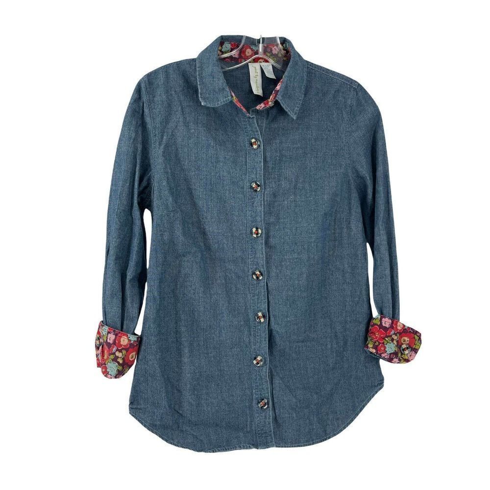 Matilda Jane Paint By Numbers Flip Cuff Chambray Button Up Shirt Blue Womens XS